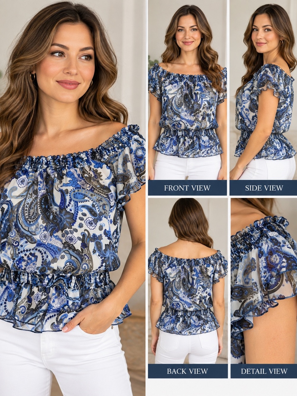 Covington Blue Paisley Off-Shoulder Ruffle Peplum Top, Large Petite